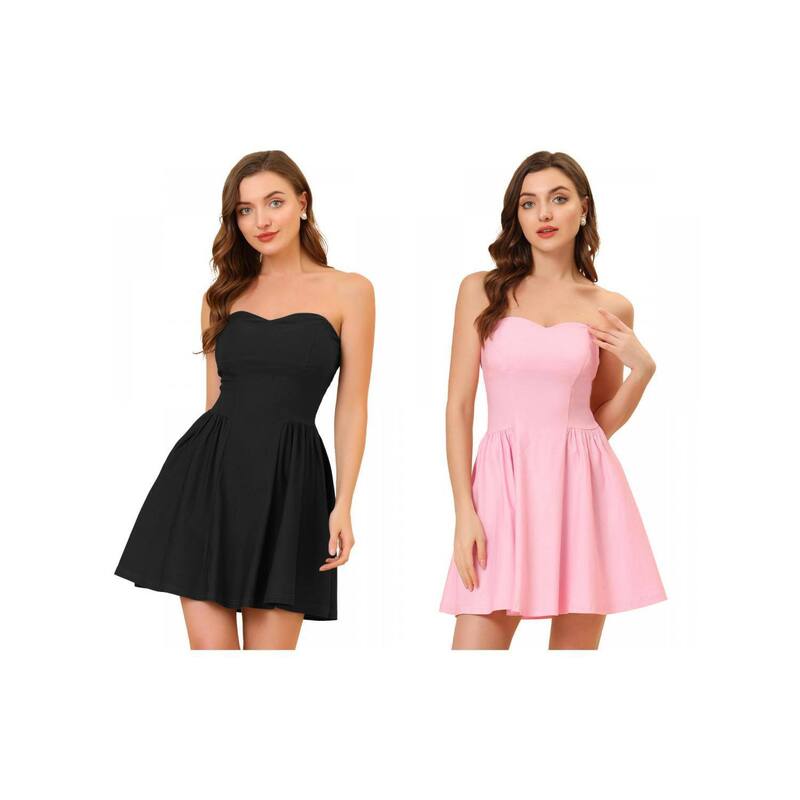 アレグラ ケー レディース トップス ワンピース ミニ ストラップレス ALLEGRA K 2 Packs Women's Prom Strapless Exposed Zipper Mini Flare Tube Top Dress Black Pink ブラック|ReVida 店