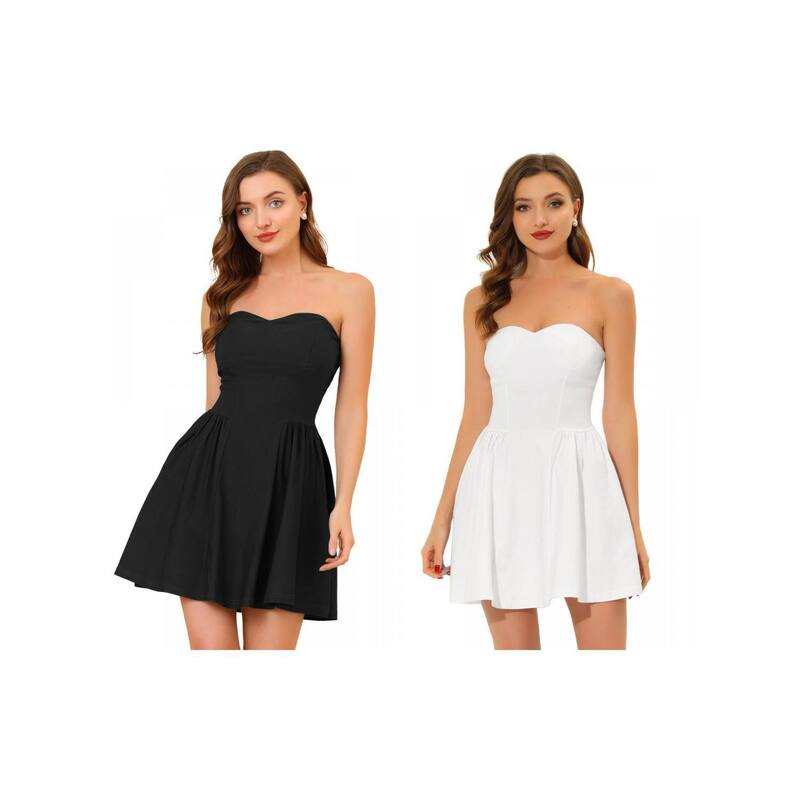 アレグラ ケー レディース トップス ワンピース ミニ ストラップレス ALLEGRA K 2 Packs Women's Prom Strapless Exposed Zipper Mini Flare Tube Top Dress Black White ホワイト