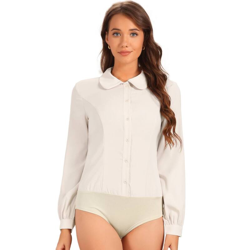 アレグラ ケー レディース トップス シャツ ブラウス ALLEGRA K Women's Peter Pen Collar Button Up Long Sleeve Business Work Shirt Blouse Beige ベージュ
