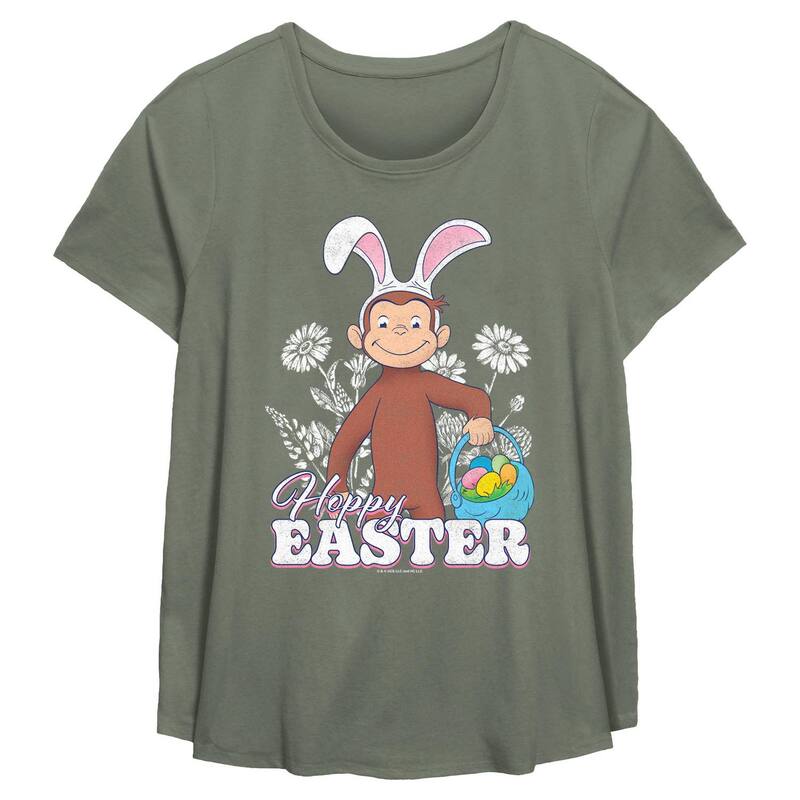 アニメキャラクター レディース トップス Tシャツ プラスサイズ グラフィック Licensed Character Plusize Curious George Happy Easter Egg Hunt Flowy Graphic Tee Sage セージ