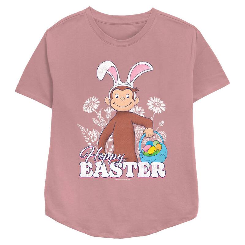 アニメ人となり レディース トップス ティーシャツ 伸び伸びする相応う グラフィック Licensed Character Women\u0027s Curious George Happy Easter Egg Hunt Relaxed Fit Graphic Tee Mauve レディースファッション-Tシャツ・カットソー-トップス