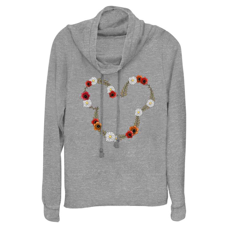 ウォルトディズニー レディース トップス ティーシャツ お花柄 お花 グラフィック Disney\u0027s Mickey Mouse Spring Floral Wreath Women\u0027s Cowlneck Graphic Lightweight Long Sleeve Gray Heather 薄墨色 Tシャツ・カットソー-レディースファッション-トップス