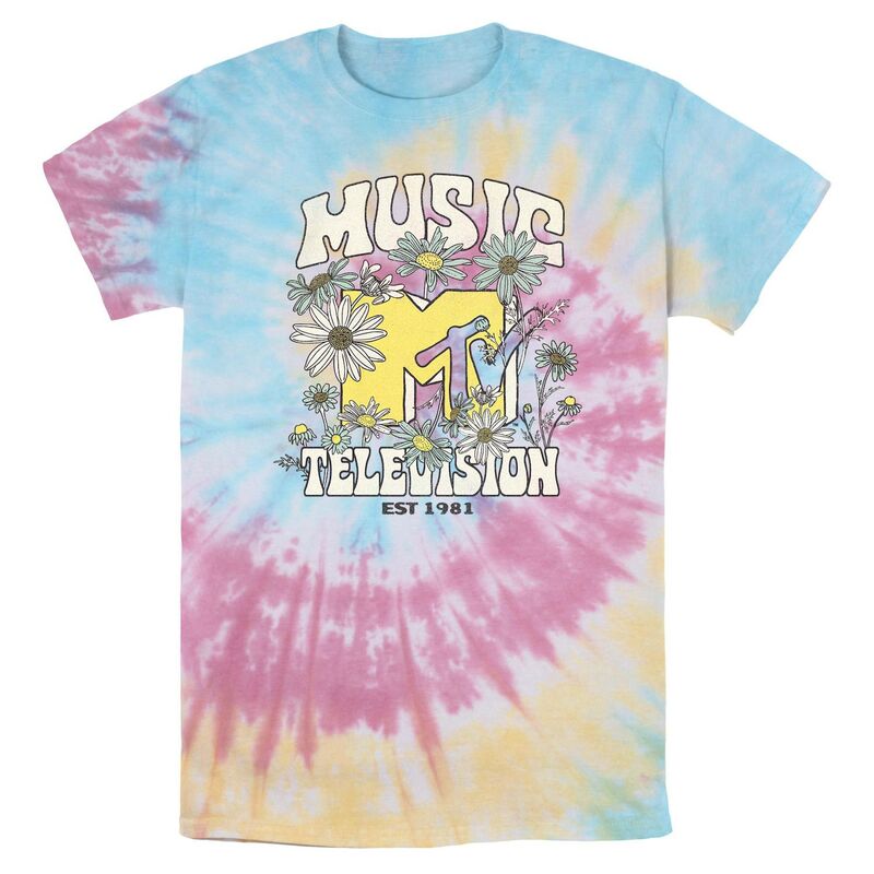 アニメキャラクター メンズ トップス Tシャツ ロゴ グラフィック Licensed Character Men MTV Springtime Logo Tie Dye Graphic Tee Blue Pink Light Yellow ブルー