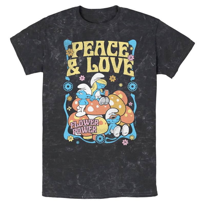 アニメキャラクター メンズ トップス Tシャツ グラフィック Licensed Character Menmurfs Peace And Love Mineral Wash Graphic Tee Black ブラック