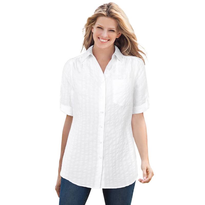 ウーマン ウィズイン レディース トップス シャツ ボタンダウン プラスサイズ プチ 半袖 ダウン Woman Within Women's Plusize Petite Short-sleeve Button Down Seersucker Shirt White ホワイト｜ReVida 店