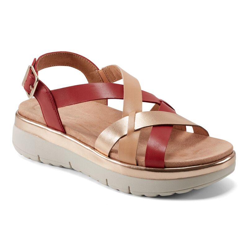 イージースピリット レディース シューズ サンダル レザー Easy Spirit Indie Women's Leather Strappy Wedge Sandals Red Natural Gold Leath レッド｜ReVida 店 16,775円
