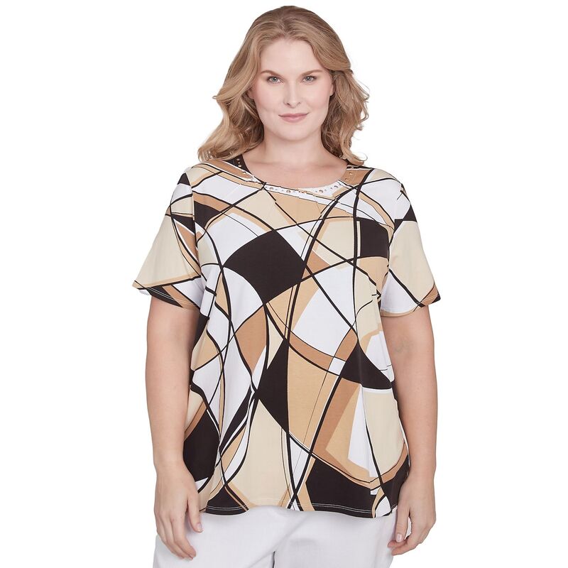 アルフレッド ダナー レディース トップス Tシャツ プラスサイズ Plusize Alfredunner Geometric Detailed Neckline Top Black And Tan ブラック 10,380円