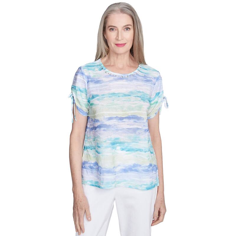 アルフレッド ダナー レディース トップス Tシャツ プチ Petite Alfredunner Tied Short Sleeve Watercolor Top Blue ブルー