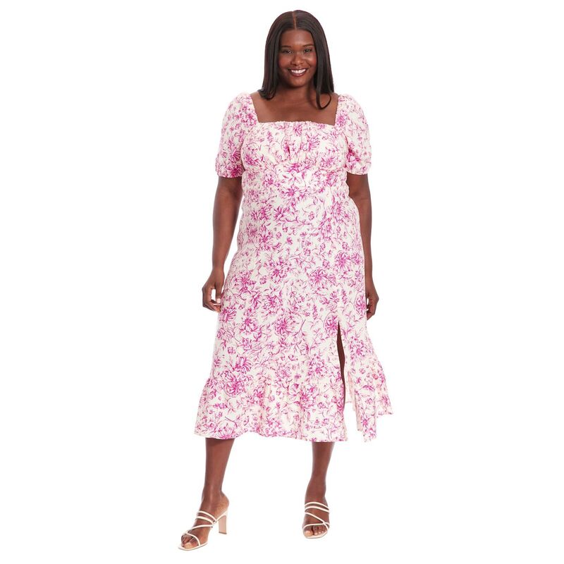 ロンドンタイムス レディース トップス ワンピース フラワー柄 プラスサイズ ミディ エンパイア フラワー Plusize London Times Floral Square Neck Puff Sleevempire Waist Midi Dress Ivory Pink アイボリー