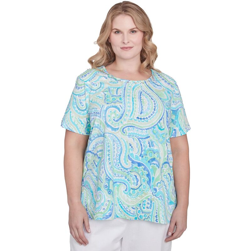 アルフレッド ダナー レディース トップス Tシャツ クルーネック プラスサイズ プリーツ Plusize Alfredunner Pleated Crewneck Paisley Top Blue Multi ブルー