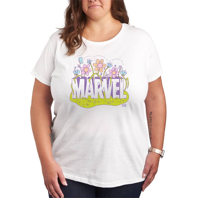 マーベル レディース トップス Tシャツ プラスサイズ ロゴ グラフィック Plusize Marvelogo Flowers Graphic Tee White ホワイト