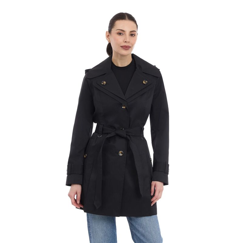 ロンドンフォグ レディース アウター 上衣・上衣 厚地の外套 Women\u0027s London Fog Double-Lapel Removable Hood Belted Trench Coat Black 黒いこと レディースファッション-コート・ジャケット