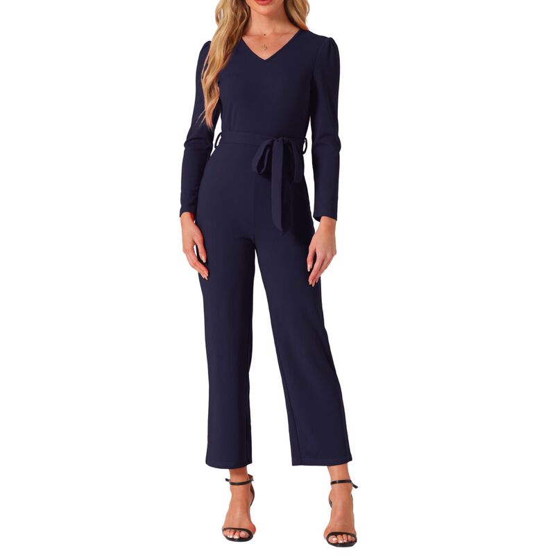アレグラ ケー レディース トップス ワンピース ワイドレッグ Vネック パンツ ニット ジャンプスーツ ALLEGRA K Women's V Neck Jumpsuit Long Sleeve Tie Waist Wide Leg Long Pants Elegant Knit Jumpsuits Dark Blue ブルー