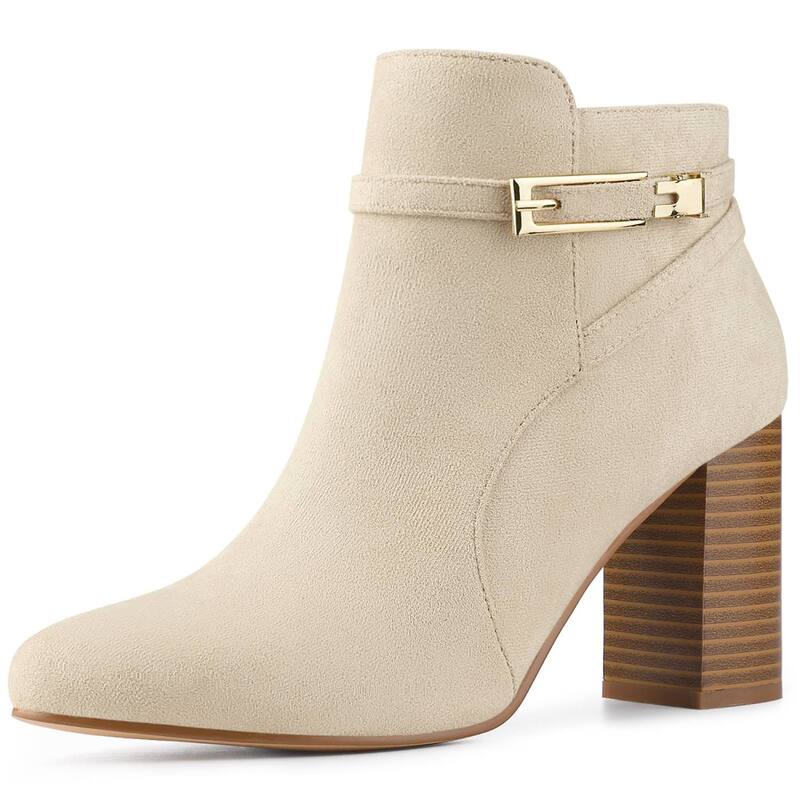 アレグラ ケー レディース シューズ ブーツ・レインブーツ アンクル ヒール ALLEGRA K Women's Round Toe Buckle Chunky Heels Ankle Boots Beige ベージュ｜ReVida 店 14,686円
