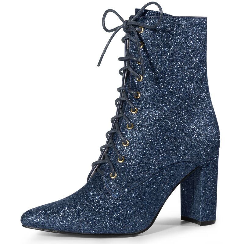 アレグラ ケー レディース シューズ ブーツ・レインブーツ アンクル ヒール ALLEGRA K Women\'s Glitter Pointed Toe Block Heel Ankle Boots Navy Blue ネイビー