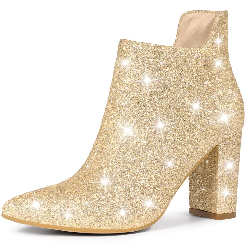 アレグラ ケー レディース シューズ ブーツ・レインブーツ カットアウト アンクル ヒール ALLEGRA K Women's Glitter Pointed Toe Cutout Block Heel Ankle Booties Gold ゴールド