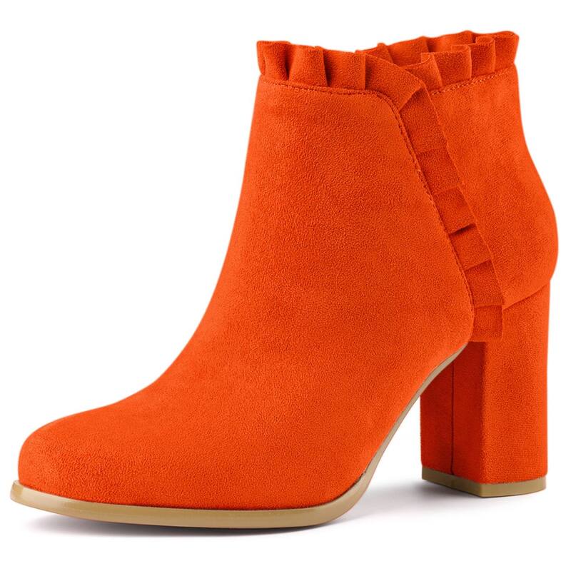アレグラ ケー レディース シューズ ブーツ・レインブーツ フリル アンクル ヒール ALLEGRA K Women's Ruffle Block Heel Ankle Boots Orange オレンジ