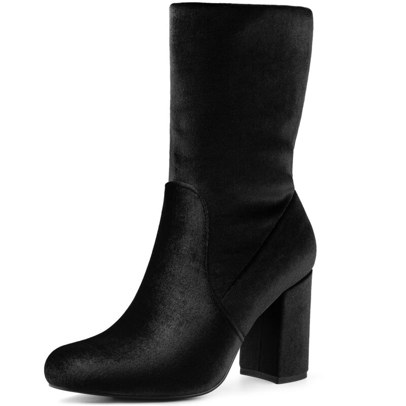 アレグラ ケー レディース シューズ ブーツ・レインブーツ ベルベット ヒール ALLEGRA K Women's Velvet Round Toe Block Heels Foldable Mid Calf Boots Black ブラック｜ReVida 店