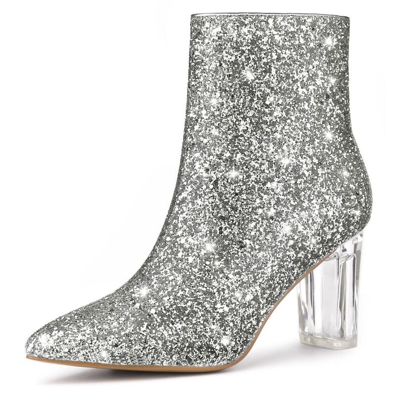 アレグラ ケー レディース シューズ ブーツ・レインブーツ アンクル ヒール ALLEGRA K Women's Clear Block Heel Glitter Ankle Bootsilver シルバー