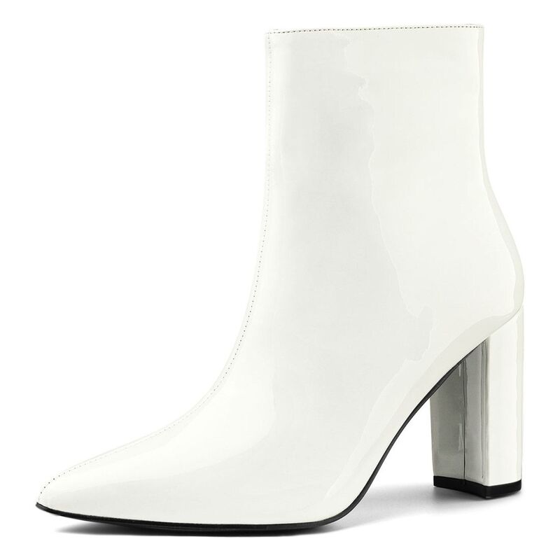 アレグラ ケー レディース シューズ ブーツ・レインブーツ アンクル ヒール ALLEGRA K Women's Chunky Heel Pointed Toe Zipper Ankle Boots White ホワイト