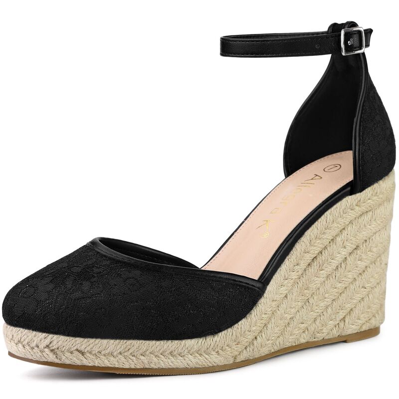 アレグラ ケー レディース シューズ サンダル プラットフォーム レース ヒール ALLEGRA K Women's Closed Toespadrille Platform Heels Lace Wedge Sandals Black ブラック