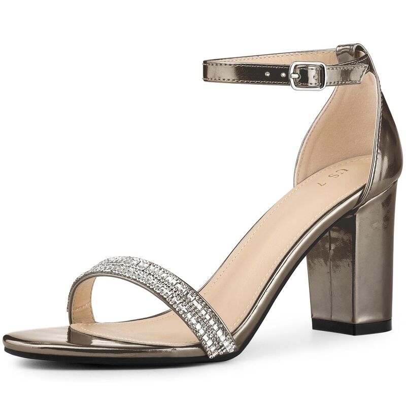 アレグラ ケー レディース シューズ パンプス サンダル アンクル ヒール ALLEGRA K Women's Rhinestone Ankle Strap Chunky Heelsandals Gunmetal ガンメタル｜ReVida 店 14,045円