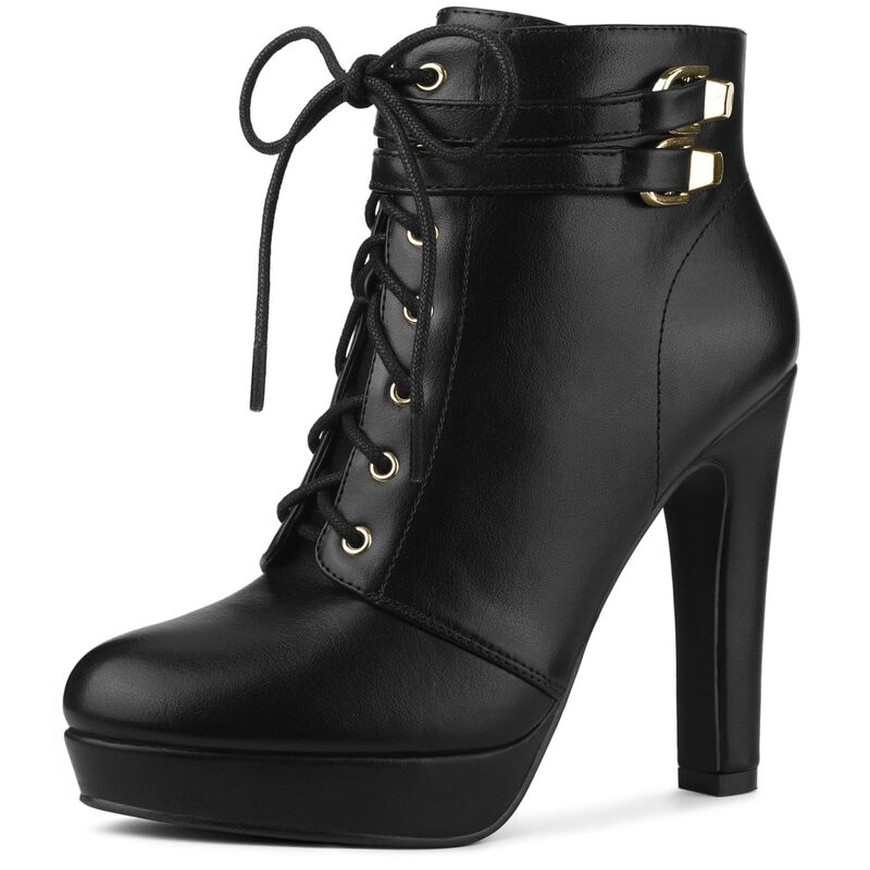 アレグラ ケー レディース シューズ ブーツ・レインブーツ プラットフォーム アンクル レース ヒール ALLEGRA K Women's Lace Up Straplatform Block Heels Ankle Boots Black ブラック