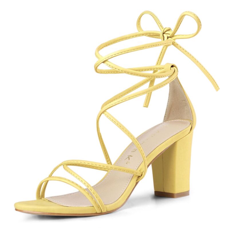 アレグラ ケー レディース シューズ パンプス サンダル レース ヒール ALLEGRA K Women'strappy Lace Up Chunky Heelsandals Yellow イエロー