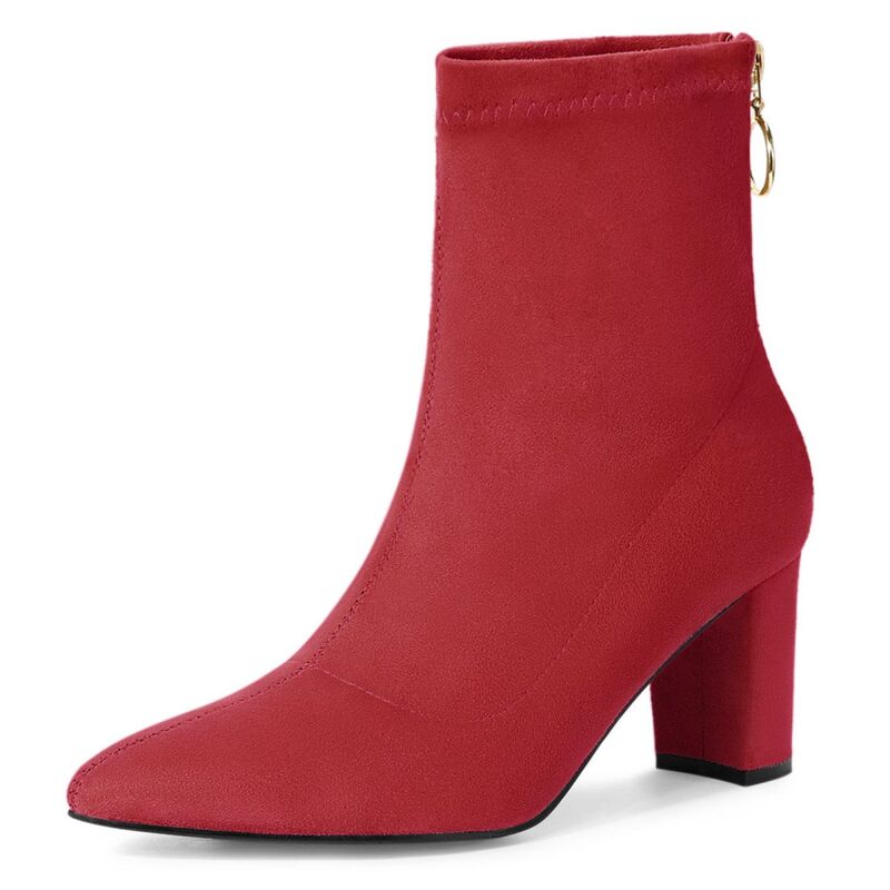 アレグラ ケー レディース シューズ ブーツ・レインブーツ アンクル ヒール ALLEGRA K Women's Pointed Toe Zipper Chunky Heels Ankle Boots Red レッド
