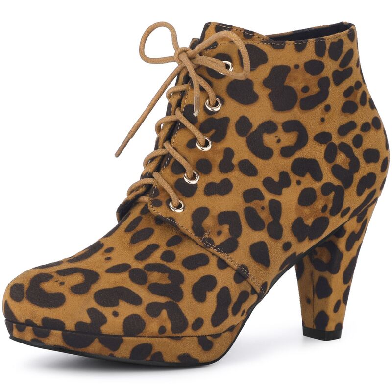 アレグラ ケー レディース シューズ ブーツ・レインブーツ プラットフォーム アンクル レース ヒール ALLEGRA K Women's Lace Uplatform Block Heels Ankle Boots with Round Toe and Chunky Heeleopard アニマル