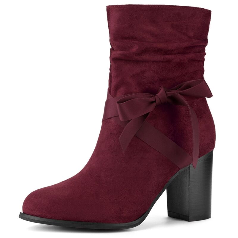 アレグラ ケー レディース シューズ ブーツ・レインブーツ アンクル ヒール ALLEGRA K Women's Bow Decor Side Zipper Chunky Heel Ankle Boots Burgundy バーガンディ