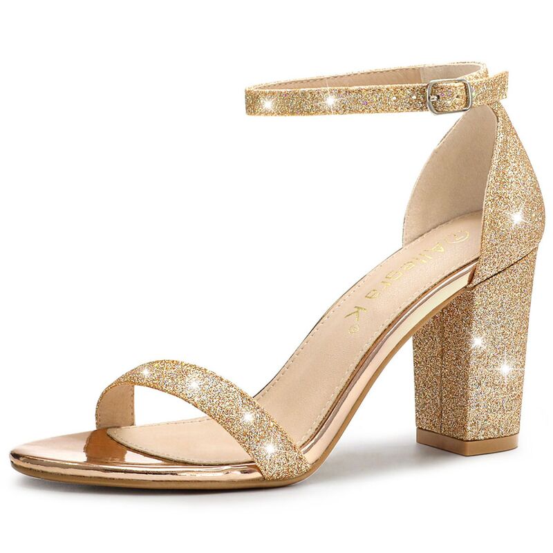 アレグラ ケー レディース シューズ パンプス サンダル アンクル ヒール ALLEGRA K Women's Glitter Ankle Strap Chunky Heelsandals Gold ゴールド