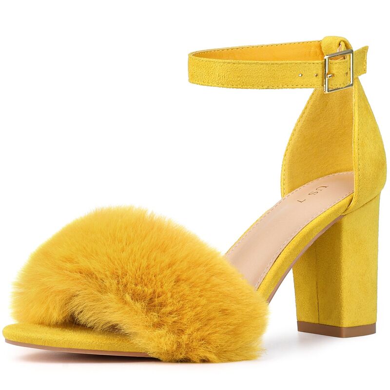 アレグラ ケー レディース シューズ パンプス サンダル アンクル ヒール ALLEGRA K Women's Faux Fur Ankle Strap Block Heelsandals Yellow イエロー