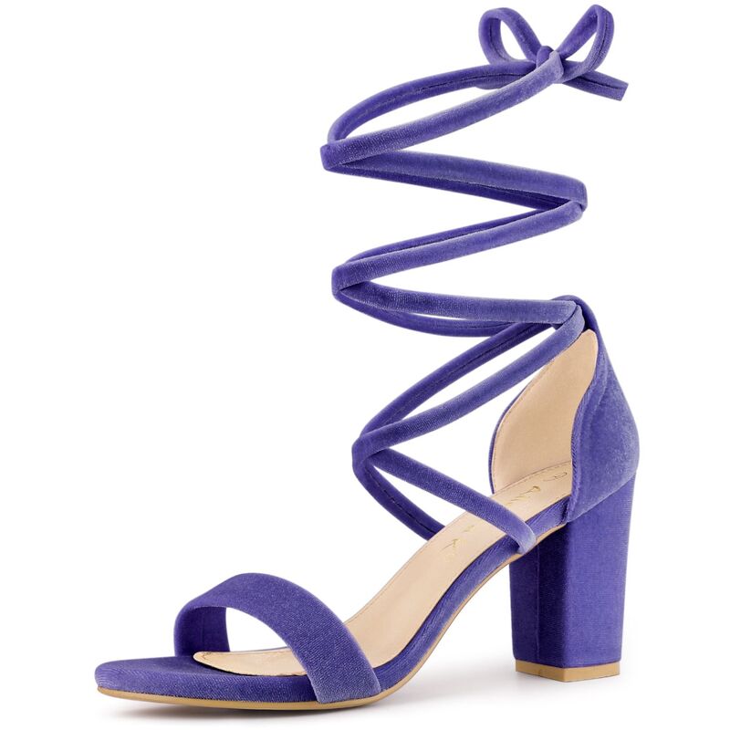 アレグラ ケー レディース シューズ パンプス サンダル ベルベット レース ヒール ALLEGRA K Women's Faux Velvet Lace Up Chunky Heel Strappy Sandals Purple パープル