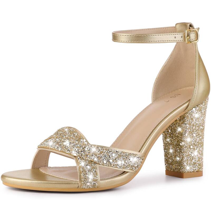 アレグラ ケー レディース シューズ パンプス サンダル アンクル ヒール ALLEGRA K Women's Glitter Ankle Strap High Chunky Heel Sandals Gold ゴールド