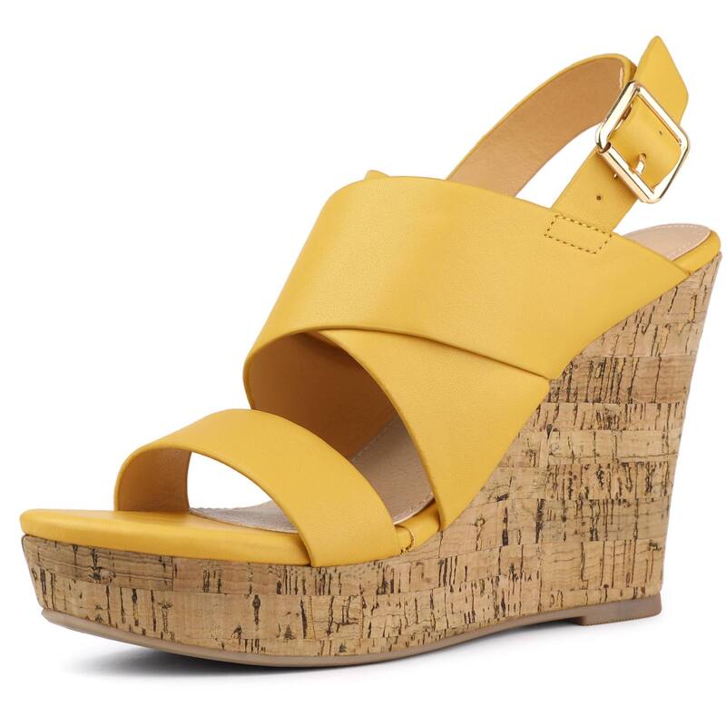 アレグラ ケー レディース シューズ サンダル プラットフォーム ALLEGRA K Women's Wood Strappy Platform Wedge Sandals Yellow イエロー