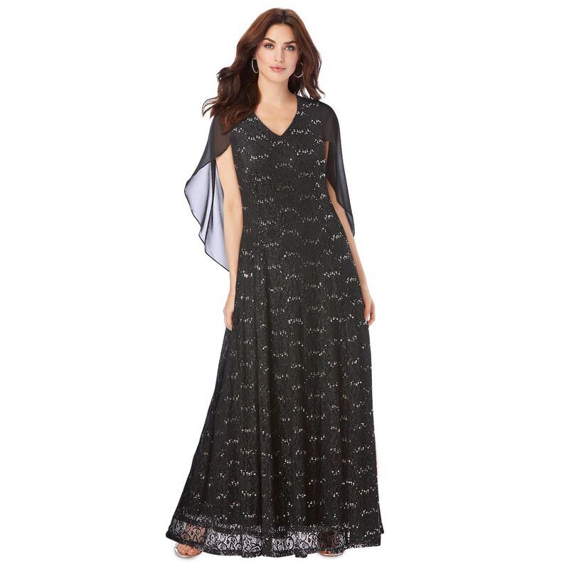 ロアマンズ レディース トップス ワンピース ケープデザイン プラスサイズ キャップ ケープ レース Roaman's Women's Plusize Lace Cape Gown Black ブラック