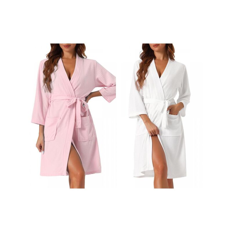 cheibear レディース アンダー御召しもの ナイト爵御召しもの cheibear 2 Pack Womens Waffle Bathrobe Soft Kimono Spa \u0026 Bath Mid-Length Robes Pink White 白いこと