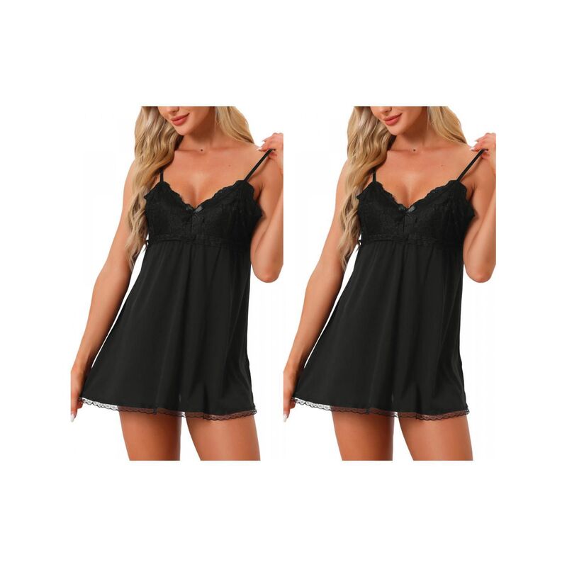 cheibear レディース アンダーウェア ナイトウェア Vネック ノースリーブ レース cheibear 2 Pack Womens Nightgown V-neck Sleepwear Lace Sleeveless Nightwear Black ブラック|ReVida 店