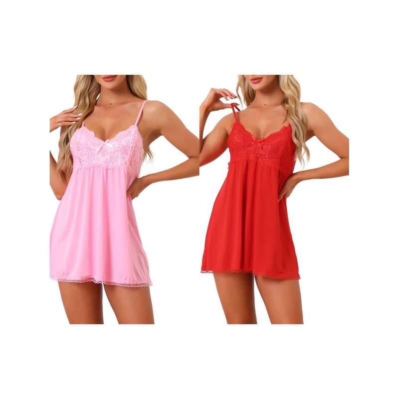 cheibear レディース アンダーウェア ナイトウェア Vネック ノースリーブ レース cheibear 2 Pack Womens Nightgown V-neck Sleepwear Lace Sleeveless Nightwear Pink Red レッド|ReVida 店