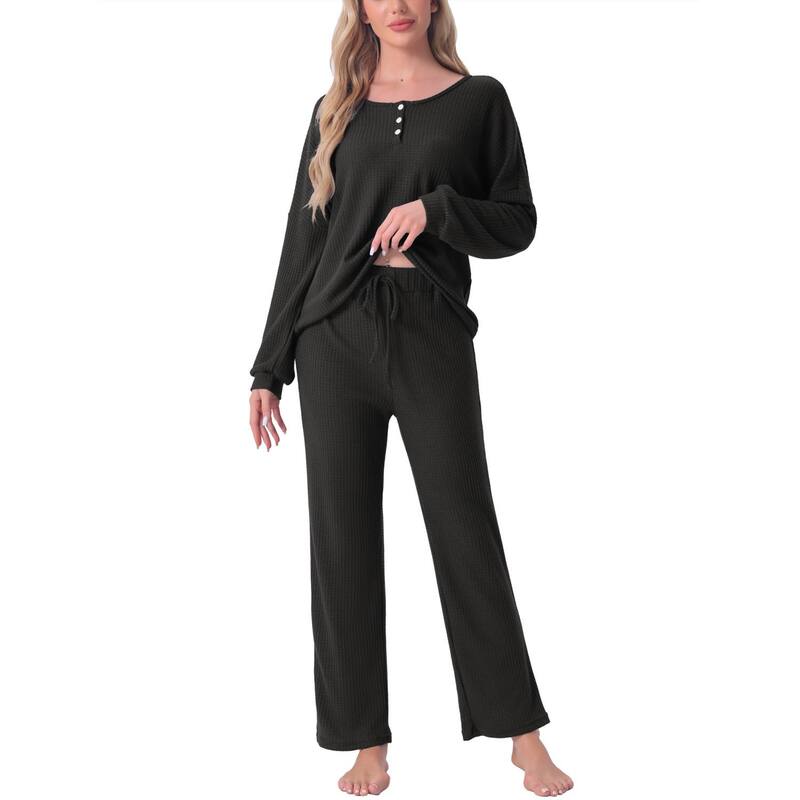 cheibear レディース アンダーウェア ナイトウェア ニット cheibear Womens Pajama Set Waffle Knit Lounge Long Sleeve 2 Piece PJ'set Sweatsuit Outfits Black ブラック