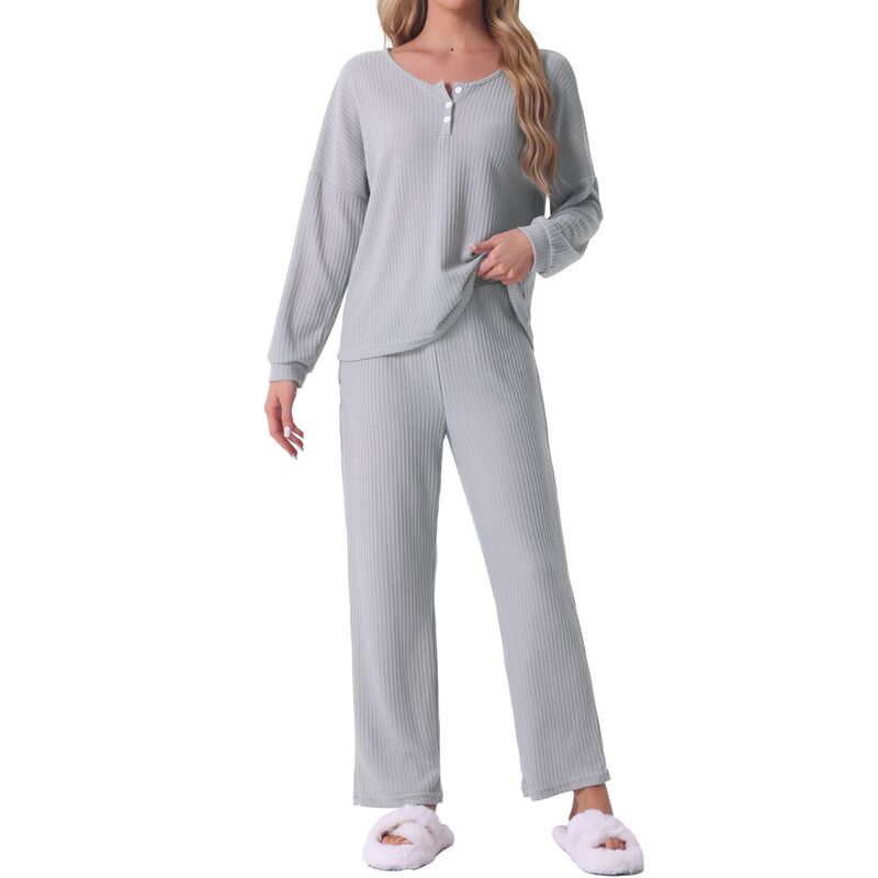 cheibear レディース アンダーウェア ナイトウェア ニット cheibear Womens Pajama Set Waffle Knit Lounge Long Sleeve 2 Piece PJ'set Sweatsuit Outfits Light Gray グレー