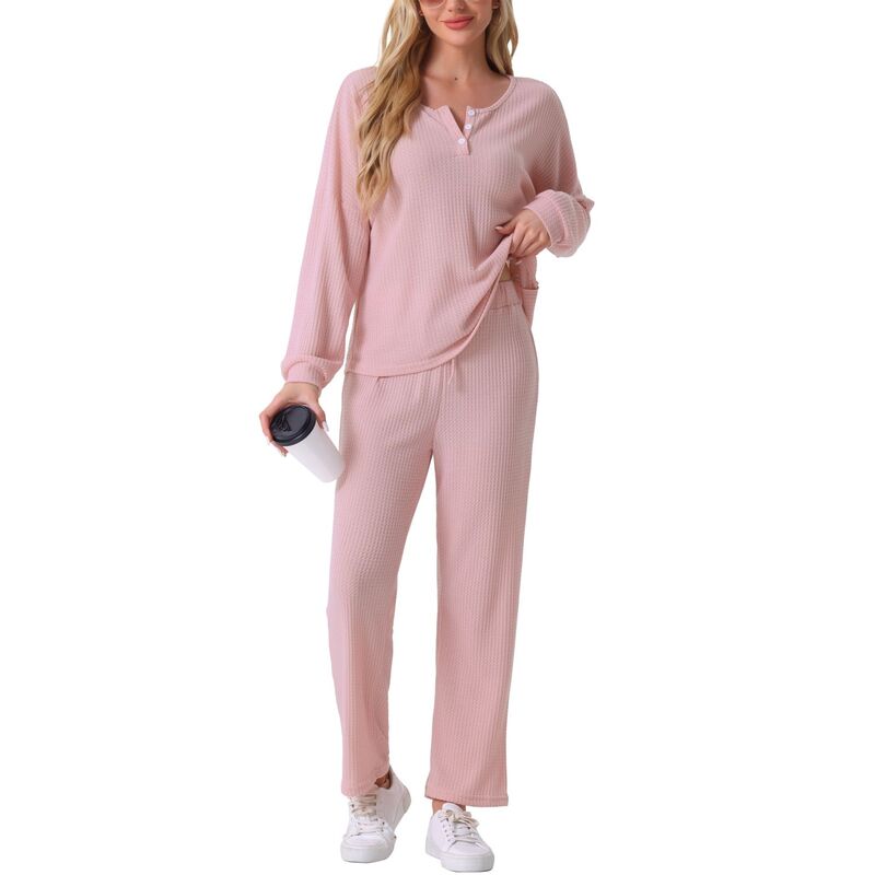 cheibear レディース アンダーウェア ナイトウェア ニット cheibear Womens Pajama Set Waffle Knit Lounge Long Sleeve 2 Piece PJ'set Sweatsuit Outfits Pink ピンク｜ReVida 店