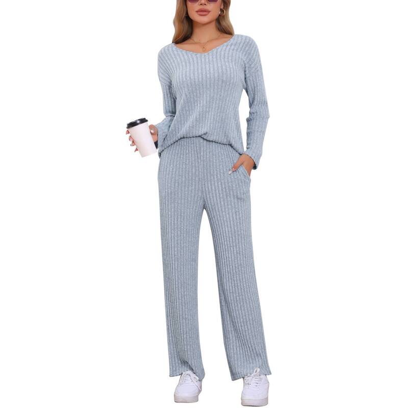 cheibear レディース アンダーウェア ナイトウェア Vネック リブ パンツ ニット cheibear Womens Lounge Ribbed Knit V Neck Long Sleeve with Pants Pjs Casual Sleepwear Pajamasets Blue ブルー