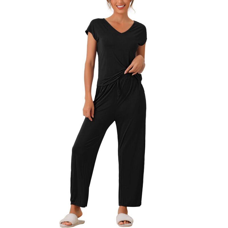 cheibear レディース アンダーウェア ナイトウェア パンツ cheibear Womenshort Sleeve Modal Casual Set Pajama 2 Piece Loungewear Long Pantsweatsuit Black ブラック 11,150円