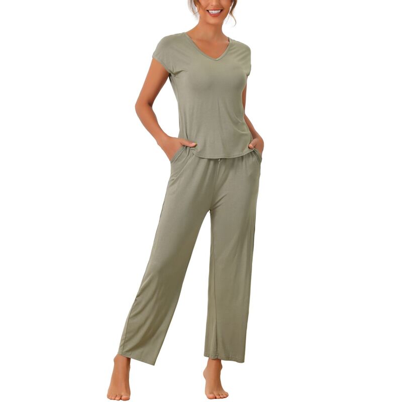 cheibear レディース アンダーウェア ナイトウェア パンツ cheibear Womenshort Sleeve Modal Casual Set Pajama 2 Piece Loungewear Long Pantsweatsuit Grey Green グレー