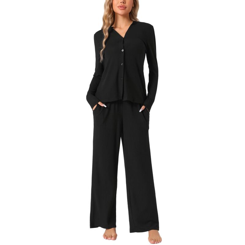 cheibear レディース アンダーウェア ナイトウェア ボタンダウン パンツ ダウン cheibear Womens Loungewear Pjshort Sleeve Button Down Tops with Pantsleepwear Pajamasets Black ブラック|ReVida 店