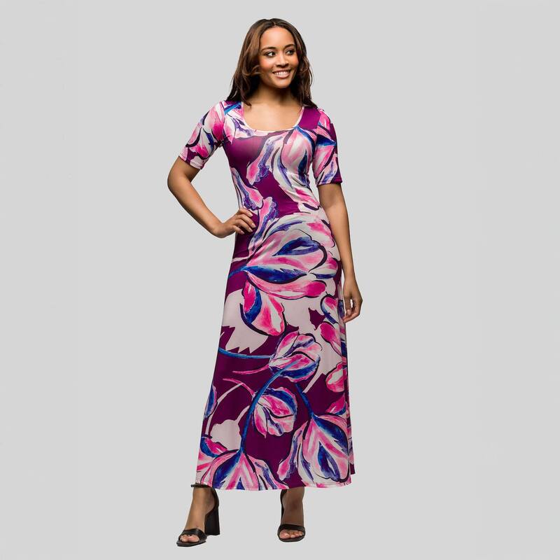 24 セブンコンフォート レディース トップス ワンピース A ライン マキシ Women's 24Seven Comfort Apparelbow Sleeve Casual A Line Maxi Dress Pink Multi ピンク