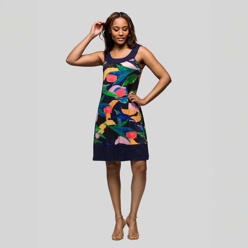 24 セブンコンフォート レディース トップス ワンピース ひざ丈 ノースリーブ Women's 24Seven Comfort Apparel Scoop Neck Sleeveless Knee Length Dress Navy Multi ネイビー|ReVida 店