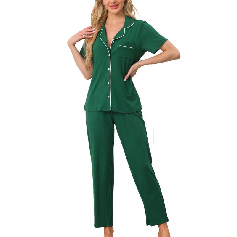 cheibear レディース アンダーウェア ナイトウェア ボタンダウン シャツ ダウン cheibear Women's Button Down Pajama Set Short Sleeve Shirt 2 Piece Loungewear Soft Sleepwear Green グリーン｜ReVida 店